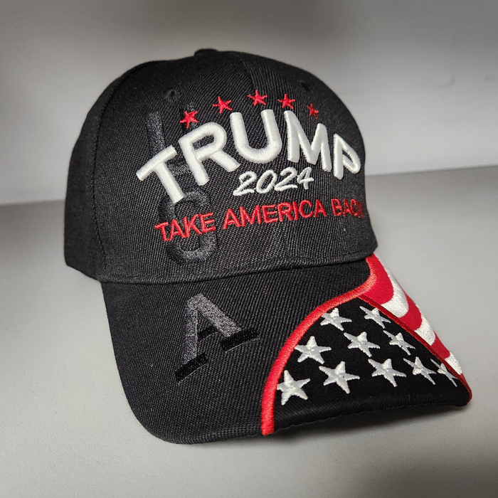 Trump 2024 Take America Back Embroidered Hat w/Flag Bill (Black)