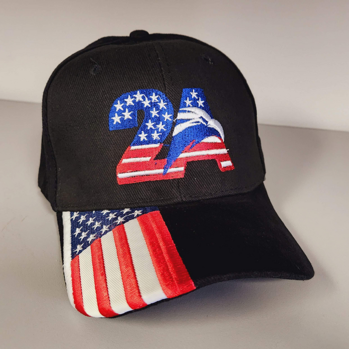 2A Stars, Stripes & Eagle Embroidered Hat w/Flag Bill (Black)