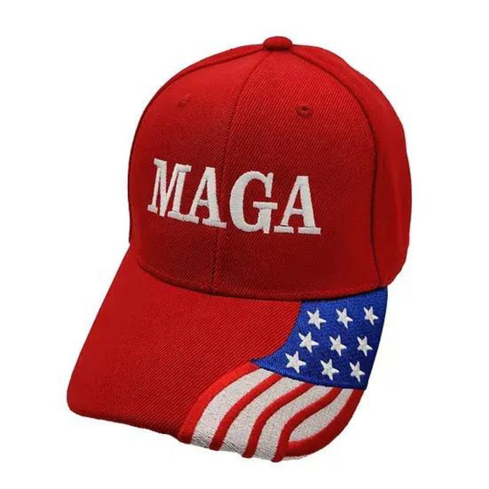MAGA Custom Embroidered Hat w/Flag Bill (Red)