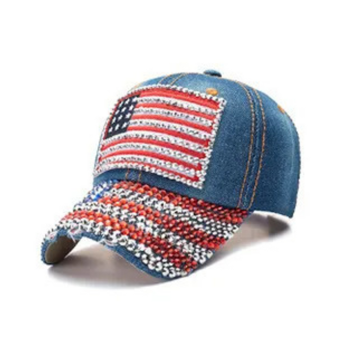 American Flag Rhinestone Embroidered Hats (Denim w/ Flag Bill)
