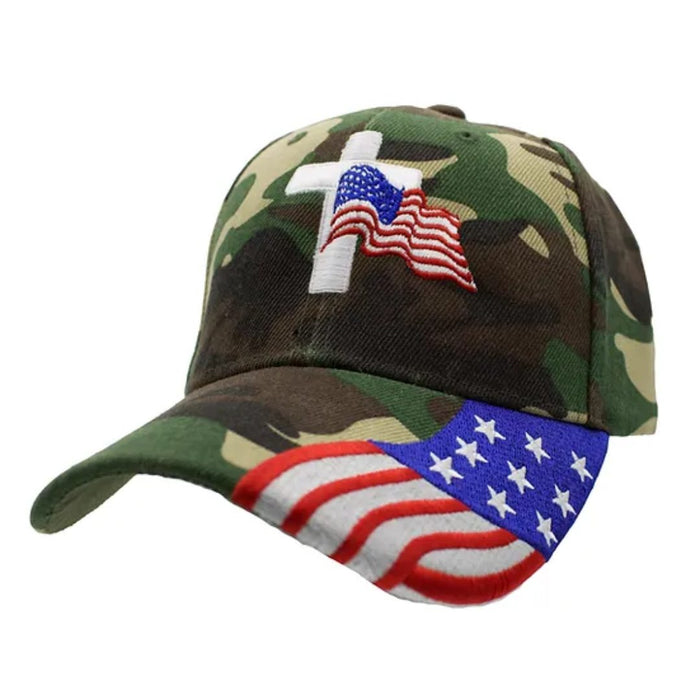 Flag and Cross Custom Embroidered Hat w/Flag Bill (Camo)