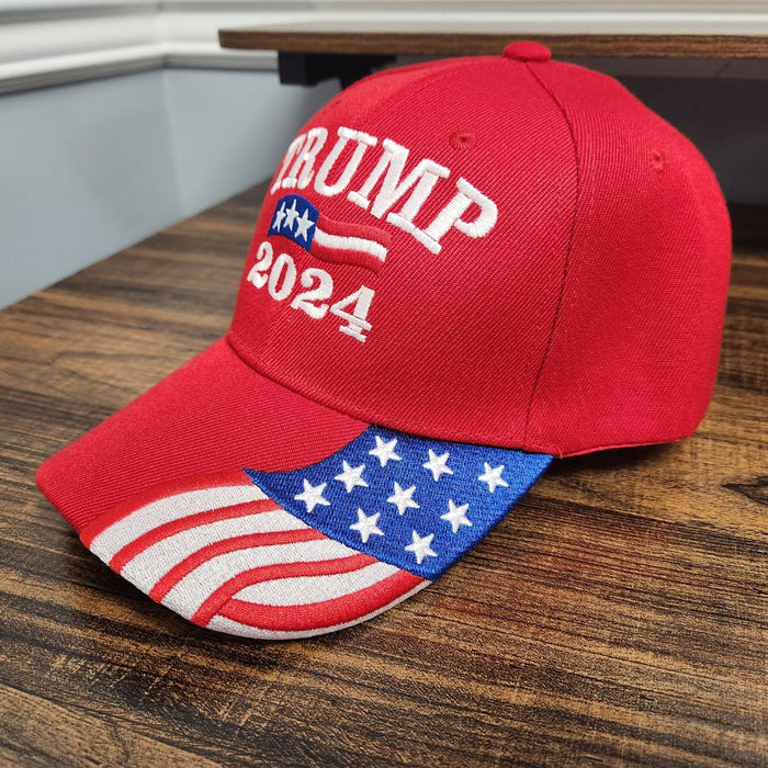 Trump 2024 Custom Embroidered Hat w/Flag Bill (Red)