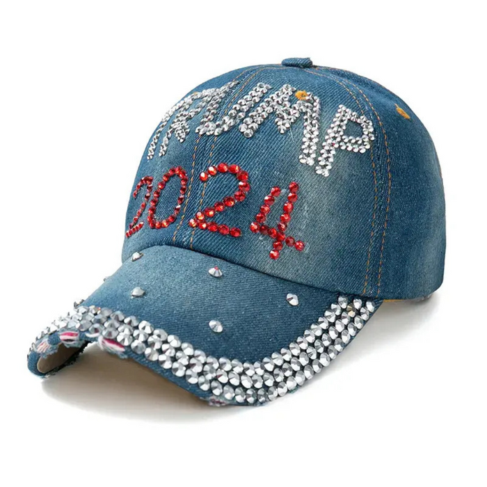 Trump 2024 Rhinestone Embroidered Hat (Denim)