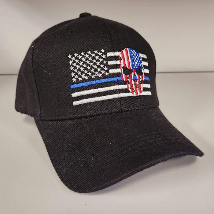 Thin Blue Line Patriotic Skull Embroidered Hat (Black)