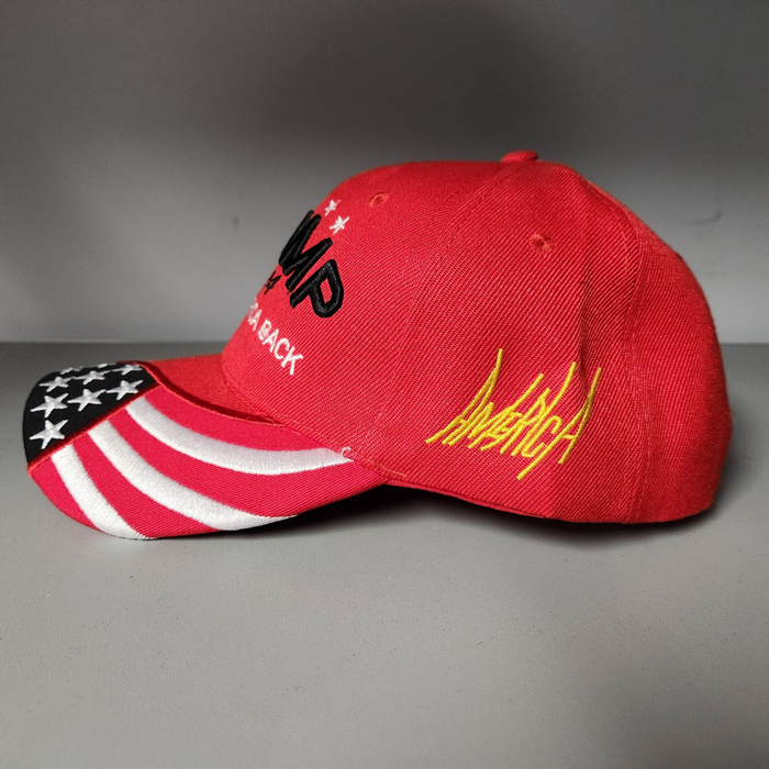 Trump 2024 Signature Take America Back Embroidered Hat w/Flag Bill (Red)