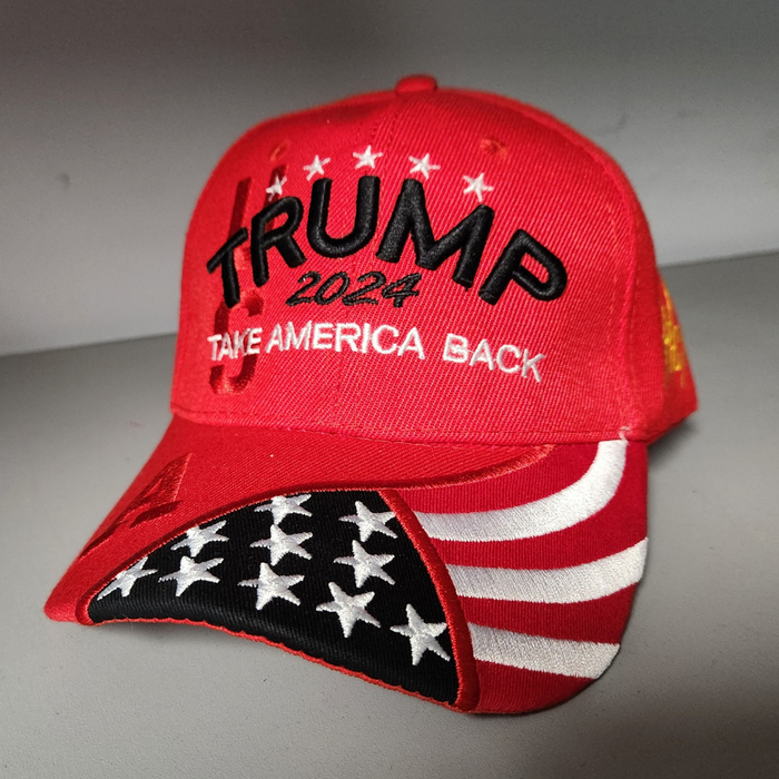 Trump 2024 Take America Back Embroidered Hat w/Flag Bill (Red)