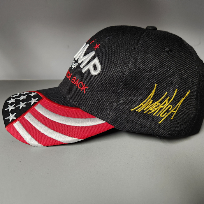 Trump 2024 Signature Take America Back Embroidered Hat w/Flag Bill (Black)
