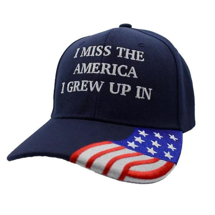 I Miss the America I Grew Up In Embroidered Hat w/ flag bill (Navy)