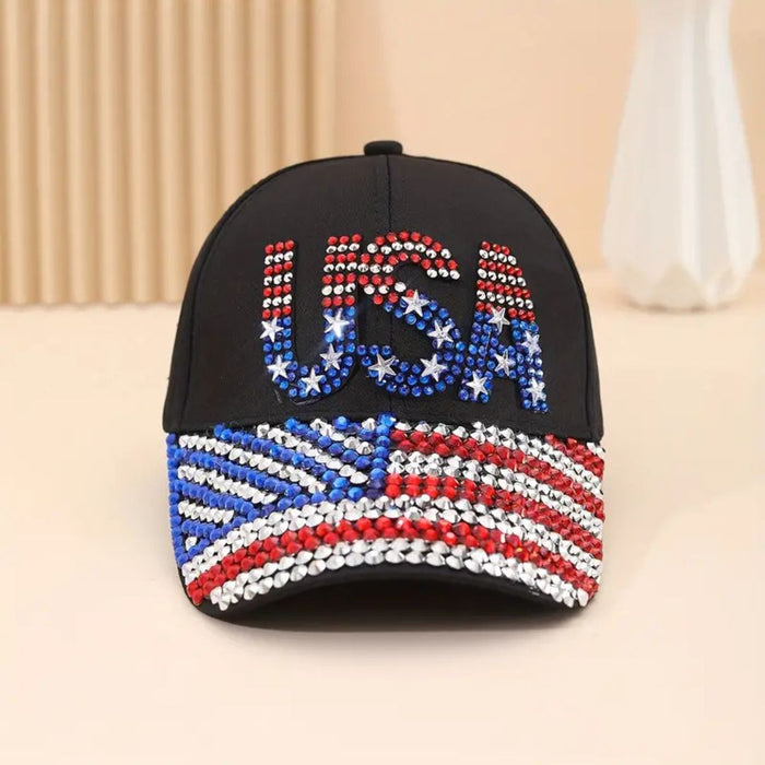 USA Rhinestone Flag Hat (Black)