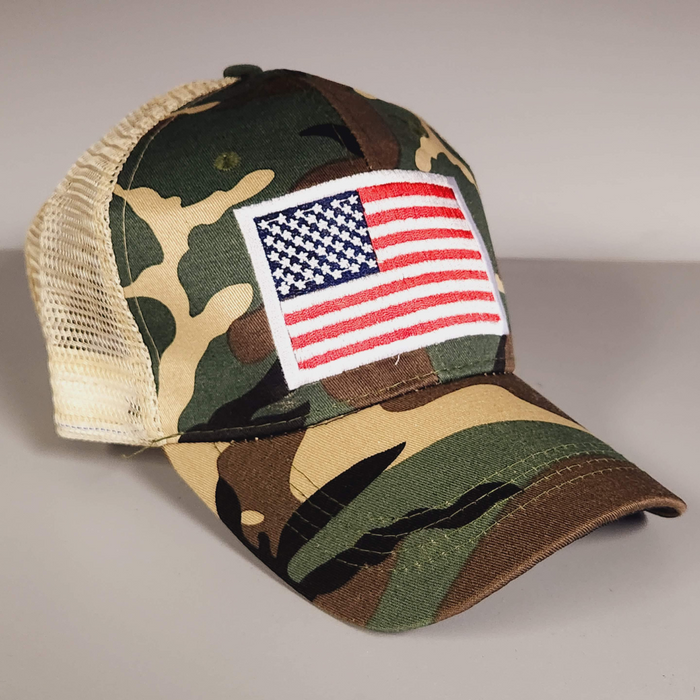 Patriotic Flag Patch Embroidered Trucker Hat (Camo)