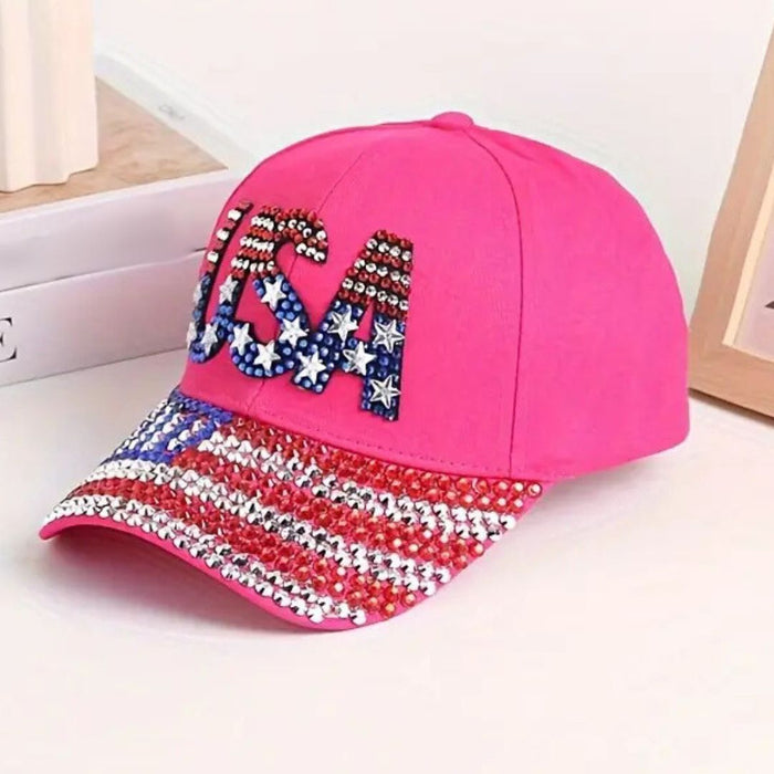 USA Rhinestone Flag Hat (Dark Pink)