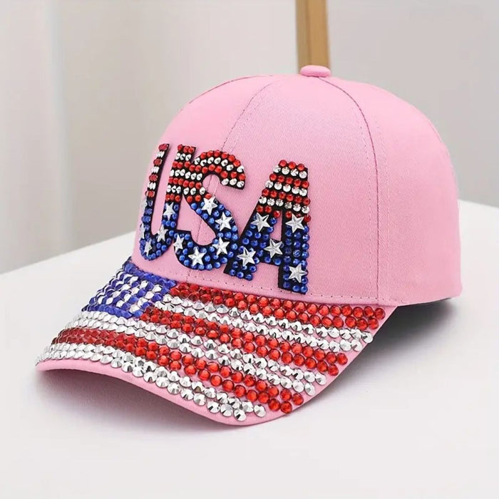 USA Rhinestone Flag Hat (Light Pink)