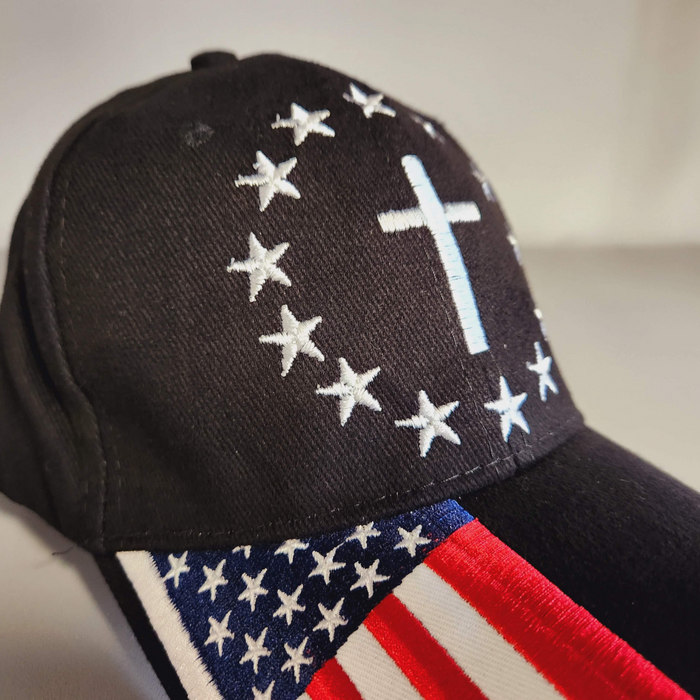 Patriotic Cross Embroidered Hat w/flag bill