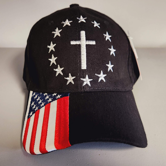 Patriotic Cross Embroidered Hat w/flag bill