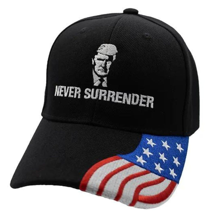 Trump Mugshot Never Surrender Embroidered Hat w/Flag Bill (Black)
