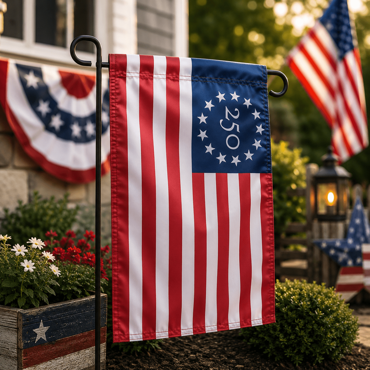 13 Star Betsy Ross 250th Edition Double-Sided Garden Flag | 12"x18" | 1776-2026 - PatriotDepot.com
