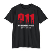 9/11 We Will Never Forget T-Shirt — 2001-2026 | 25th Anniversary Memorial