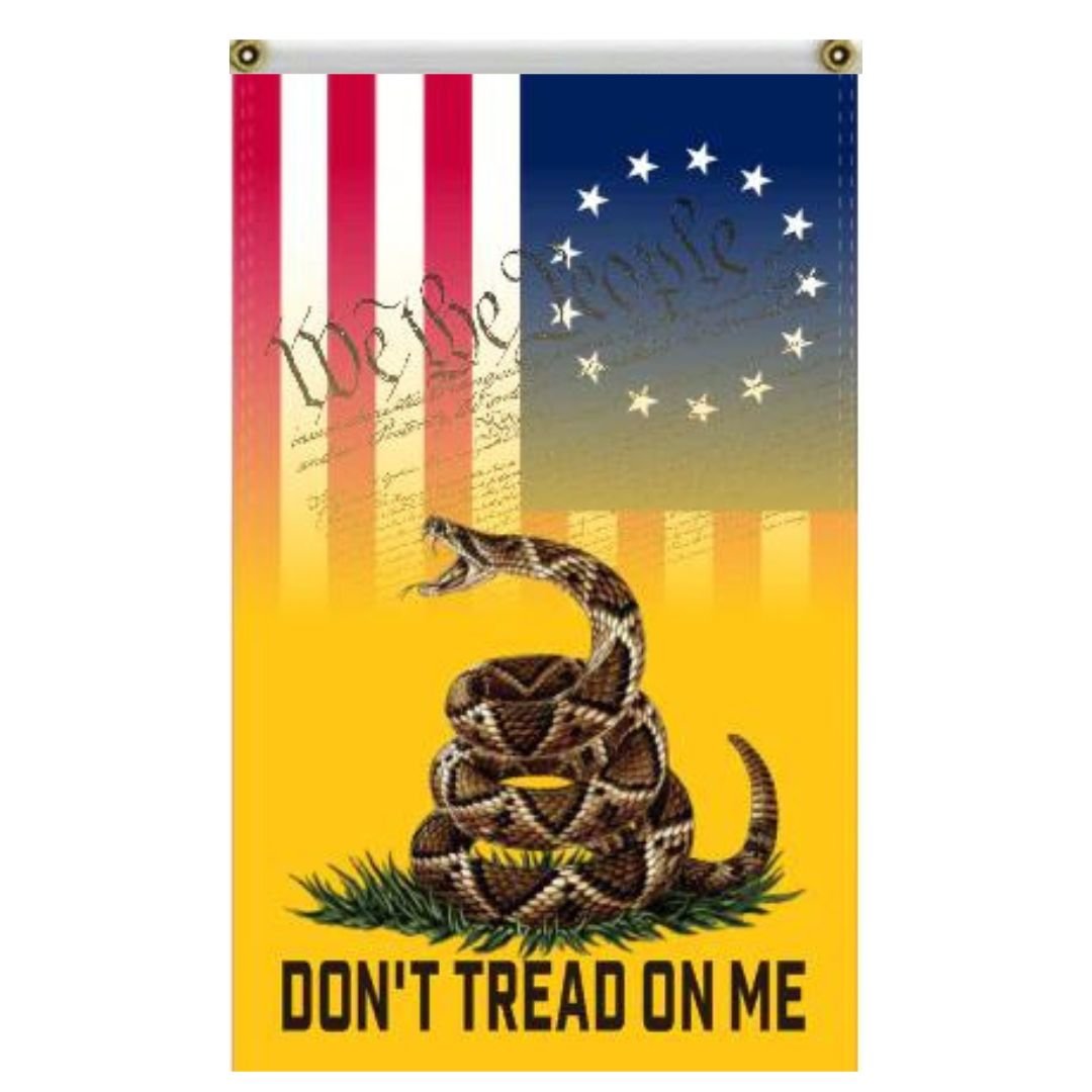 1776 We the People "Don't Tread on Me" Vertical Banner Flag 5'x3' - PatriotDepot.com