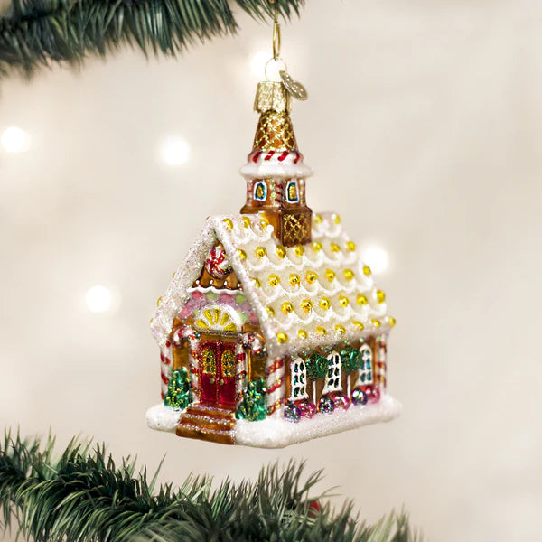 Gingerbread Candy Covered Church Glass Ornament