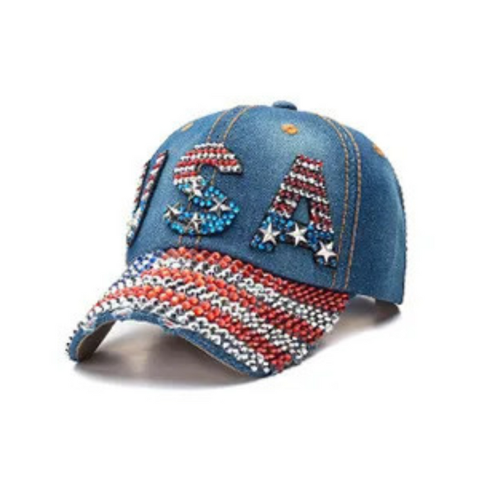 USA Rhinestone Embroidered Hat (Denim USA w/ Flag Bill)