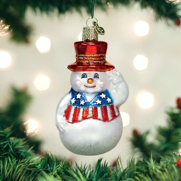 Patriotic Snowman Glass Ornament