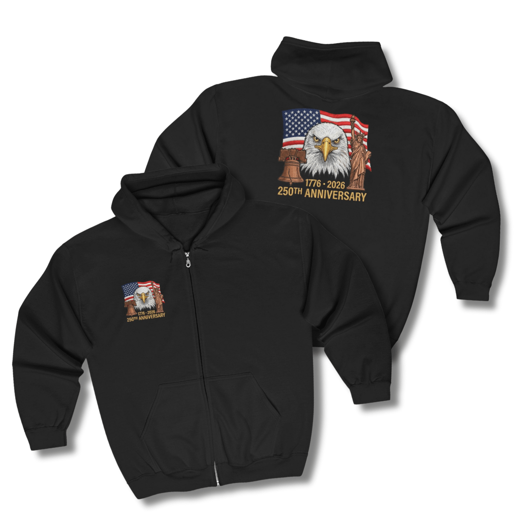 250th Anniversary Eagle Flag Full - Zip Hoodie – 1776–2026 Patriotic Zip - Up - PatriotDepot.com