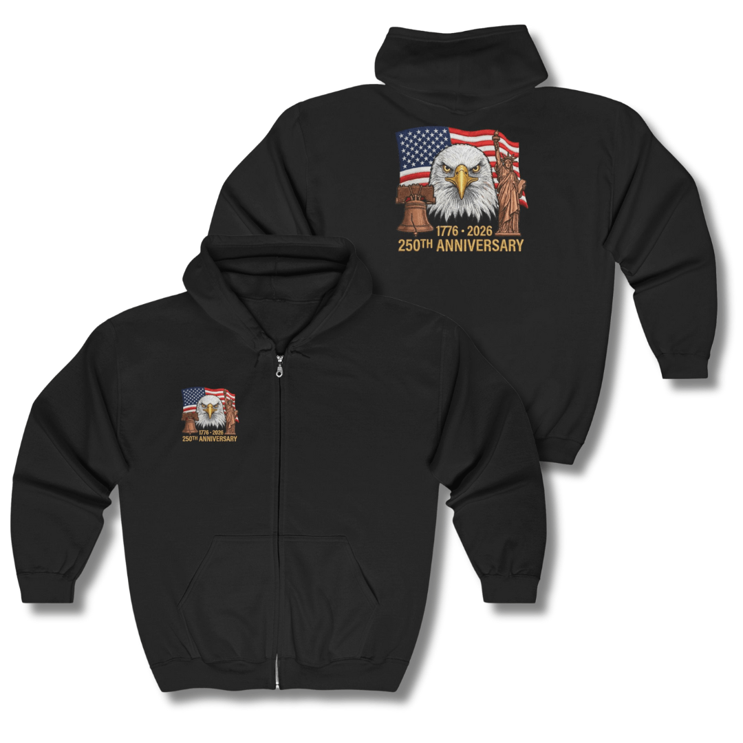 250th Anniversary Eagle Flag Full - Zip Hoodie – 1776–2026 Patriotic Zip - Up - PatriotDepot.com