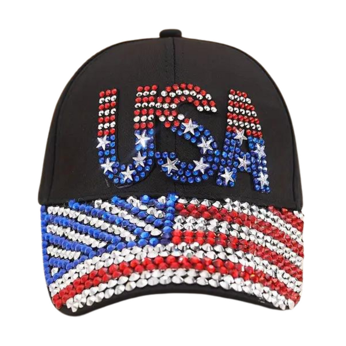 USA Rhinestone Flag Hat (Black)