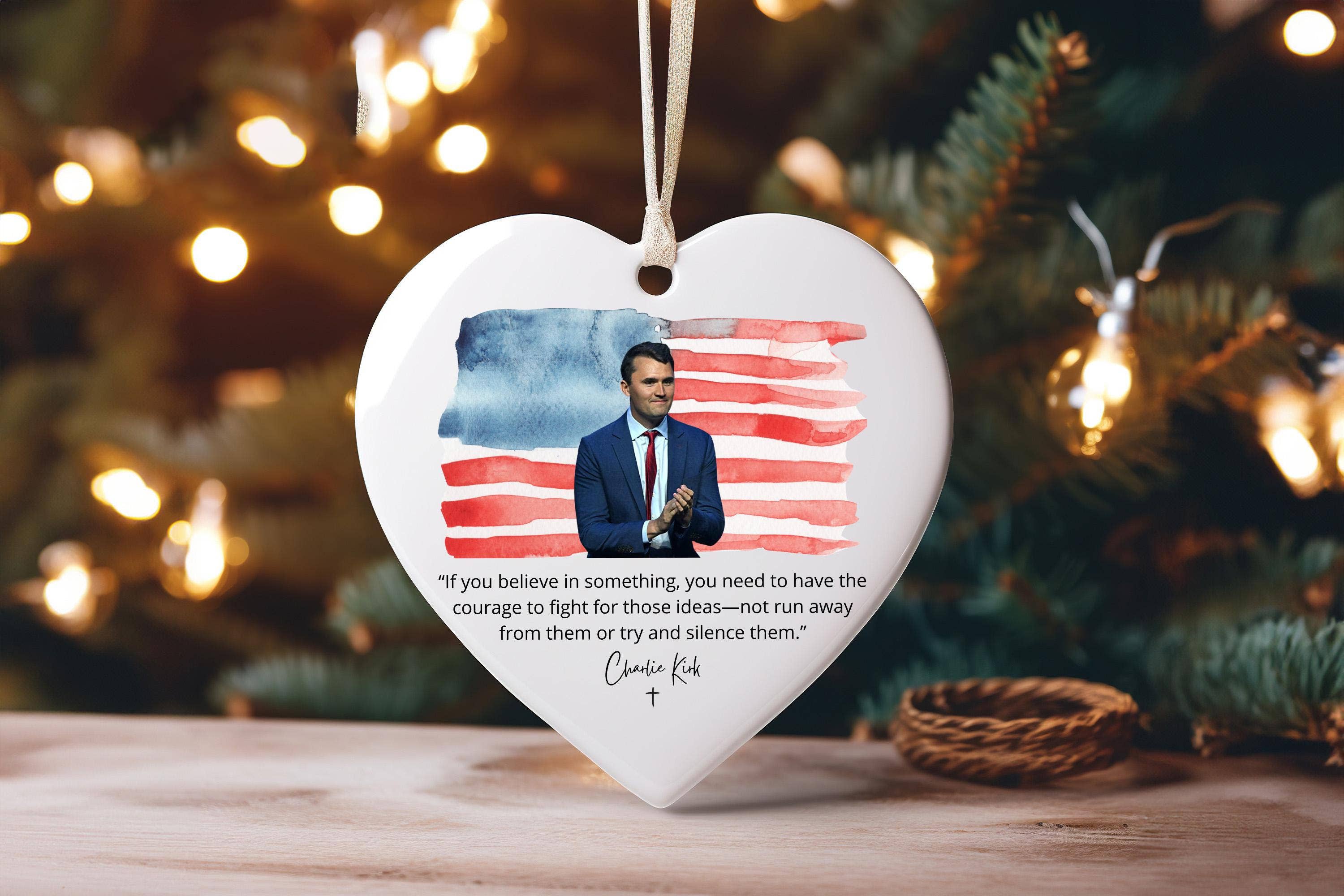 Charlie Kirk “Courage to Stand” Heart-Shaped Ceramic Ornament