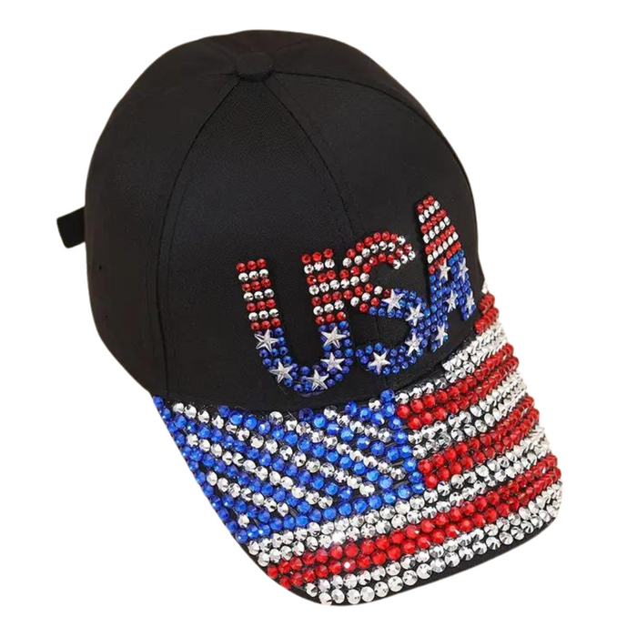 USA Rhinestone Flag Hat (Black)