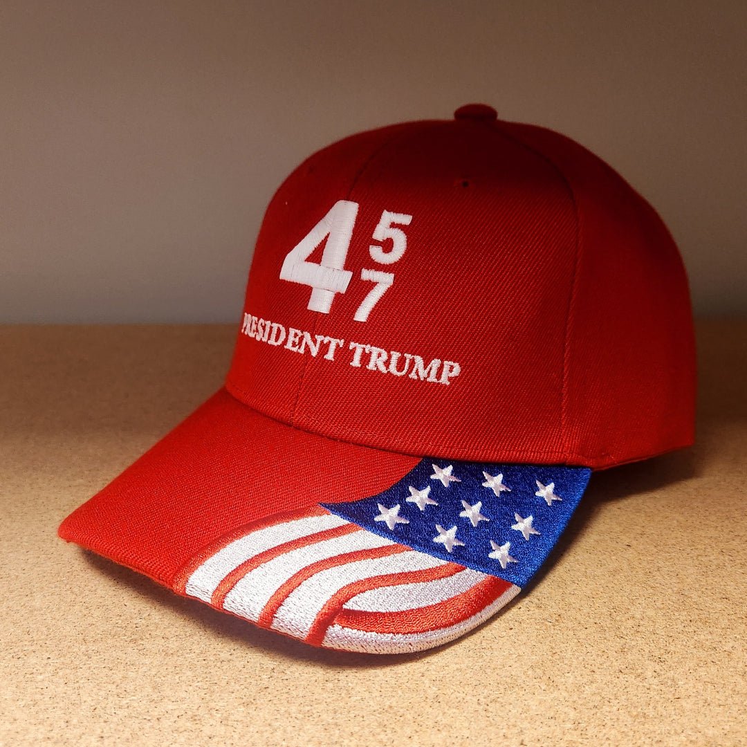 45 47 President Trump Custom Embroidered Hat w/ Flag Bill - PatriotDepot.com