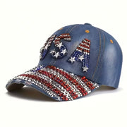 USA Rhinestone Embroidered Hat (Dark Denim USA w/ Flag Bill)