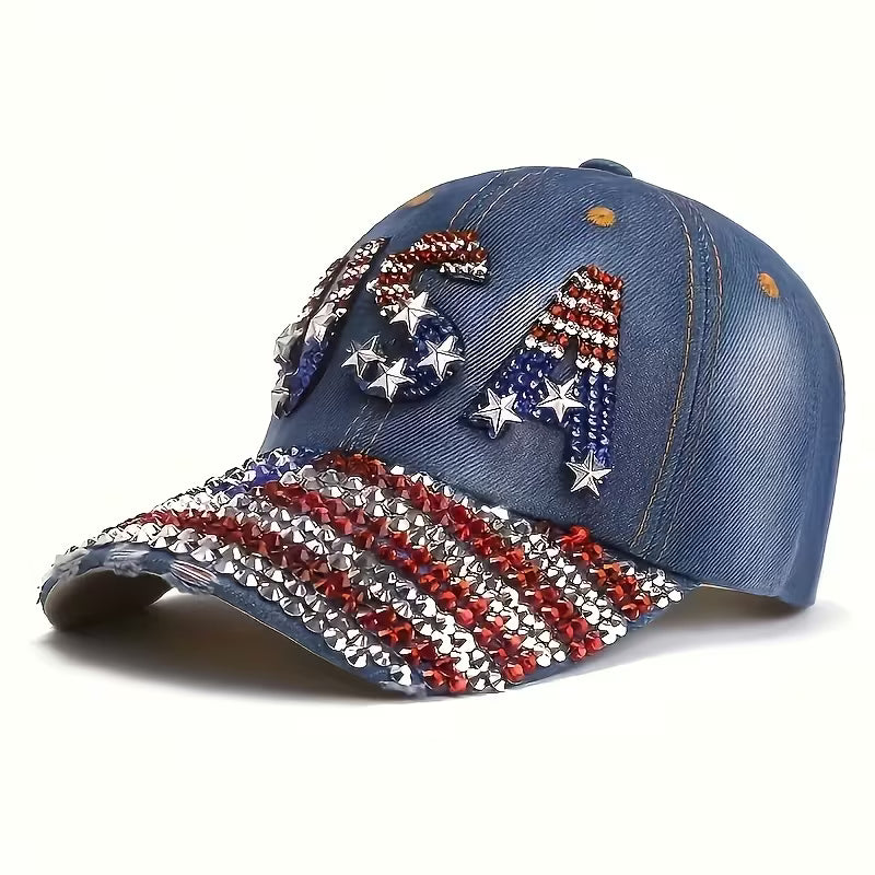 USA Rhinestone Embroidered Hat (Dark Denim USA w/ Flag Bill)