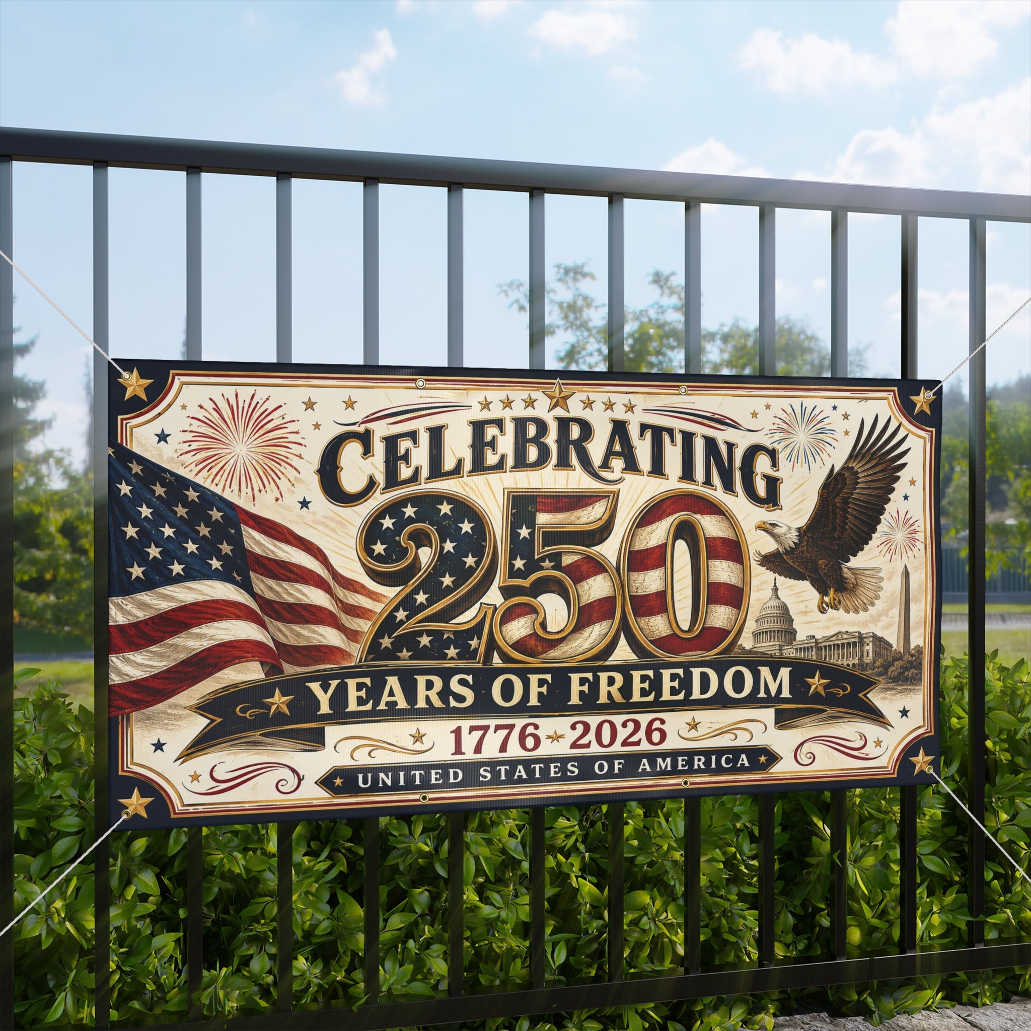 250 Years of Freedom Matte Banner — 1776–2026 Patriotic Anniversary Celebration