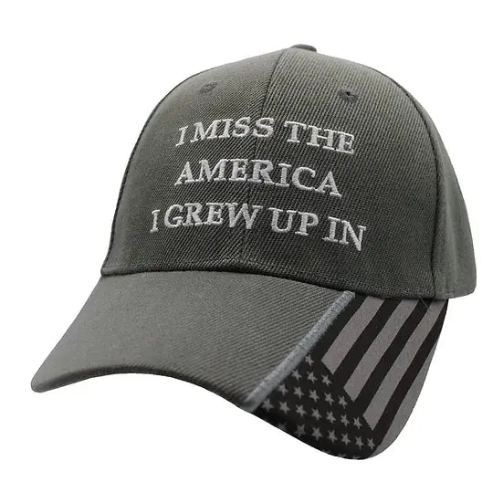 I Miss the America I Grew Up In Embroidered Hat w/ flag bill (Grey)