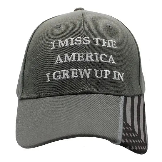 I Miss the America I Grew Up In Embroidered Hat w/ flag bill (Grey)