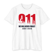 9/11 Memorial T-Shirt – "We Will Never Forget 2001–2026" 25th Anniversary Memorial - PatriotDepot.com