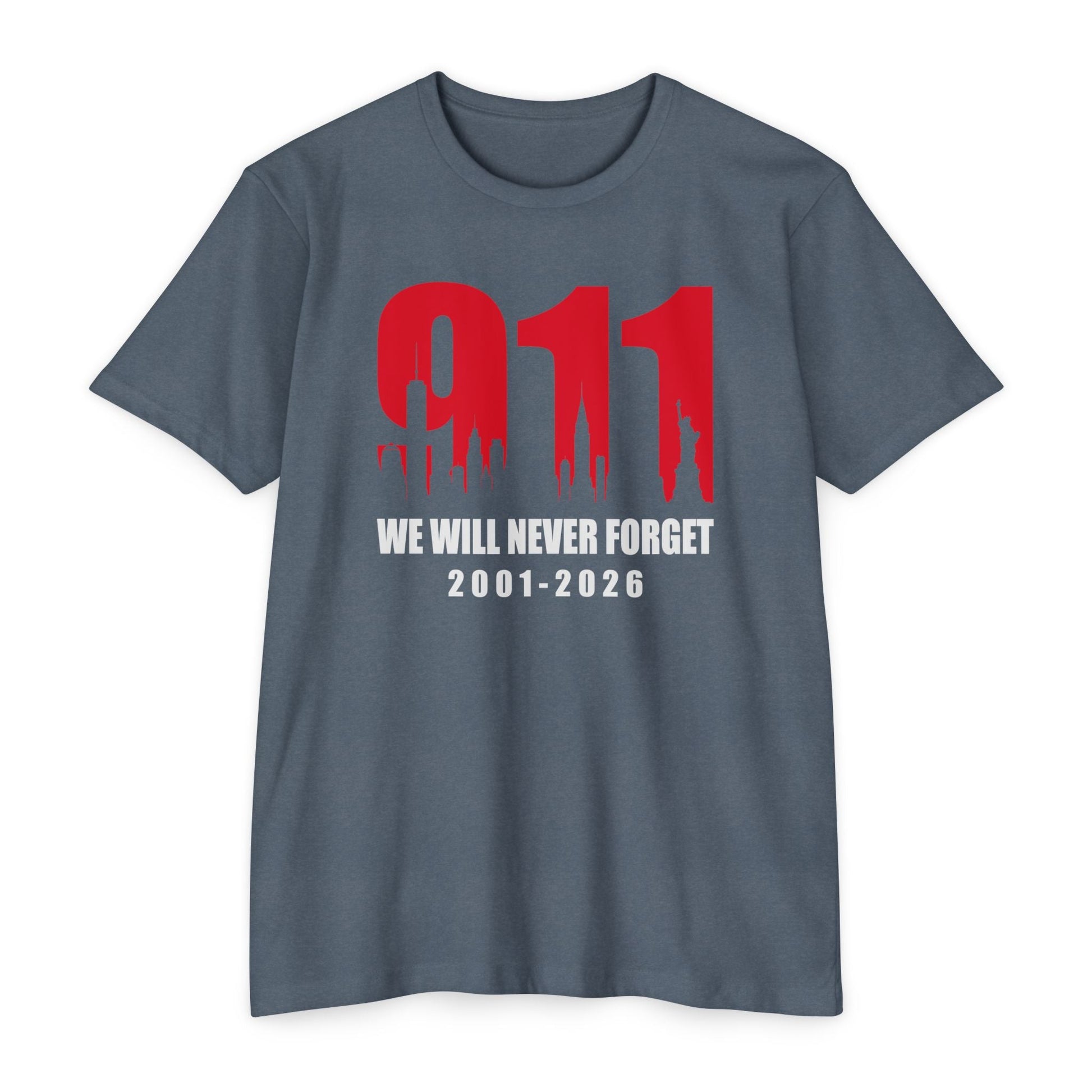 9/11 We Will Never Forget T-Shirt — 2001-2026 | 25th Anniversary Memorial - PatriotDepot.com