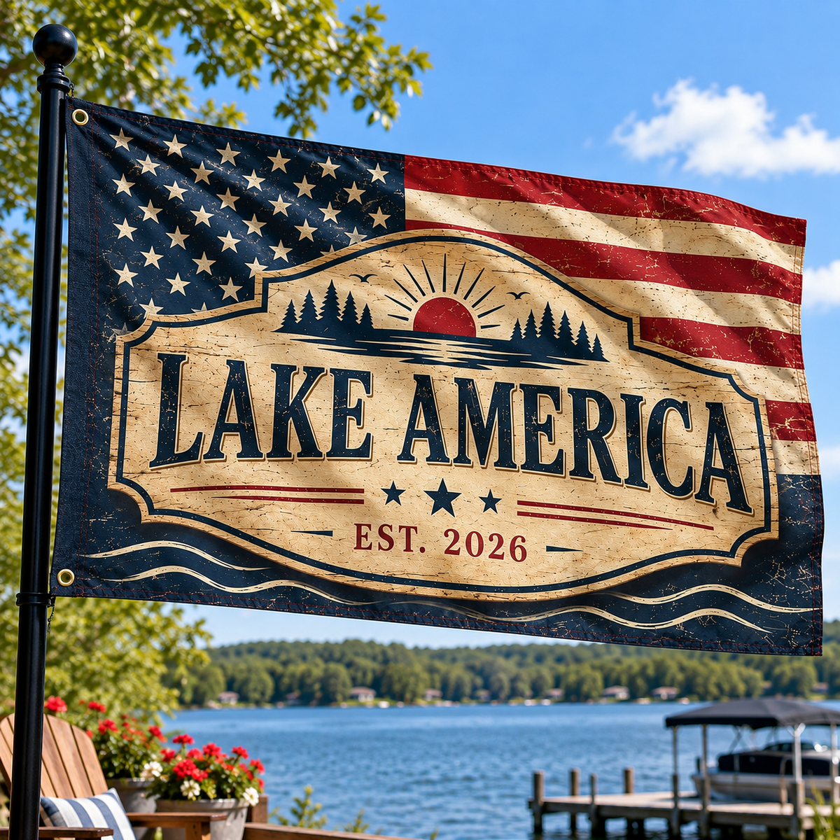 Lake America Est. 2026 Vintage Americana Patriotic Flag