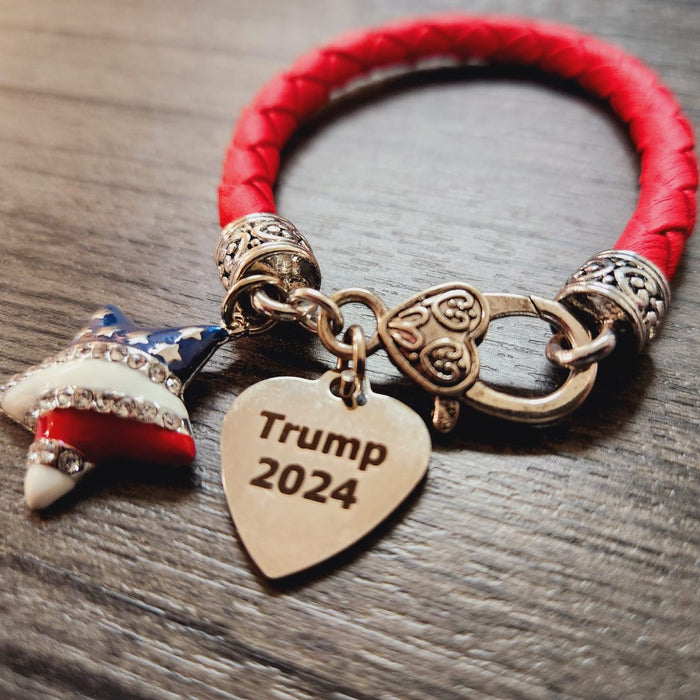 Trump 2024 Patriotic Heart Red Woven Charm Bracelet