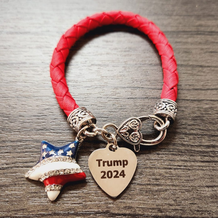 Trump 2024 Patriotic Heart Red Woven Charm Bracelet
