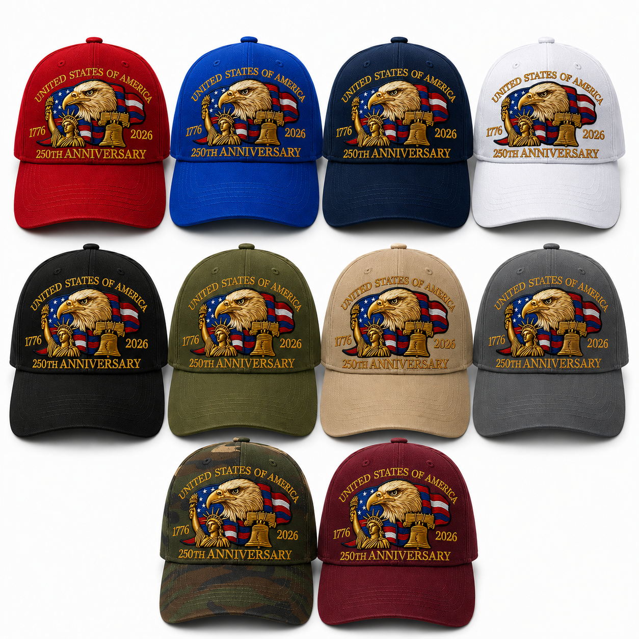 America 250th Commemorative Patriotic Hat – 1776–2026 Edition | 10 Hat Bundle