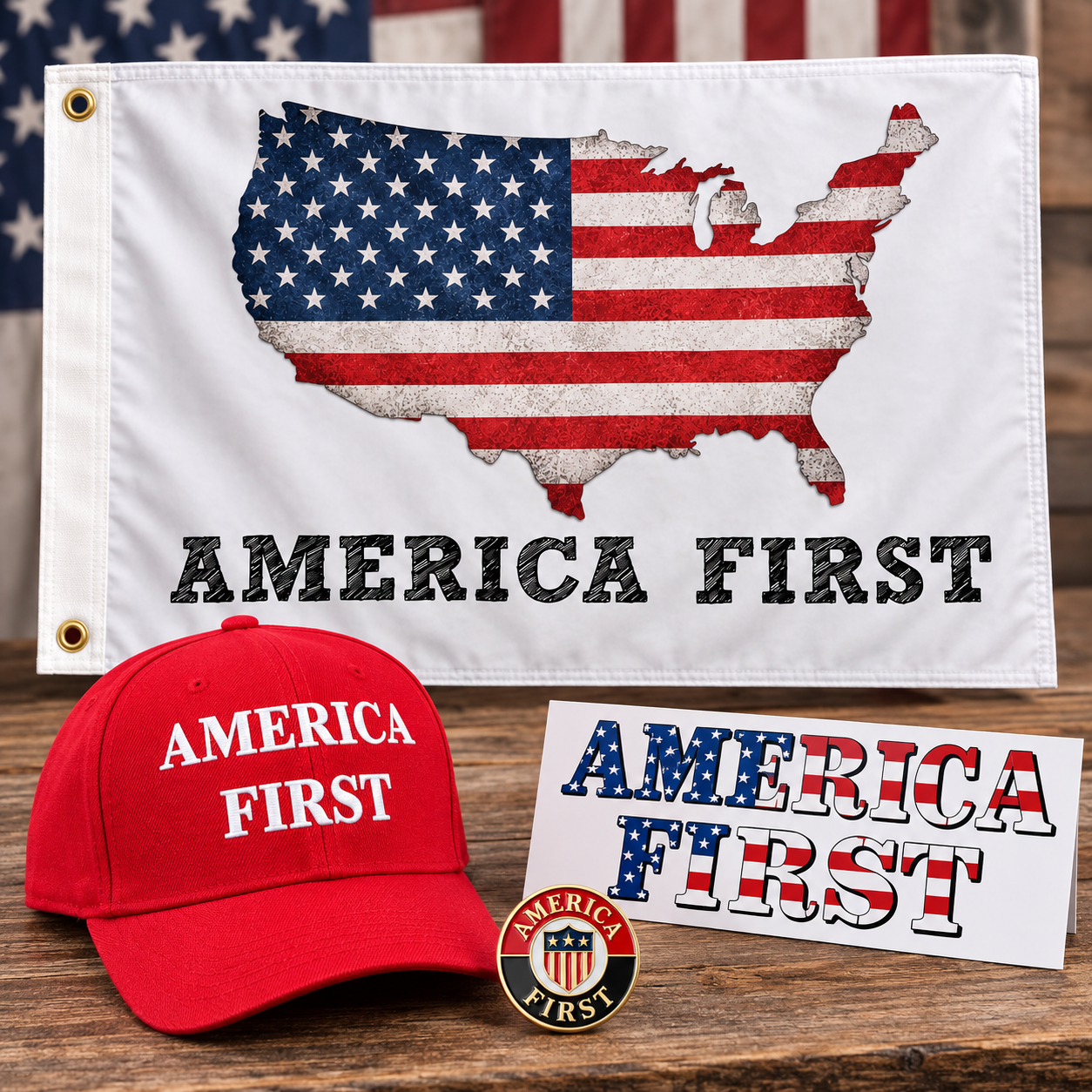 America First Patriotic Bundle – Flag Hat Pin Sticker