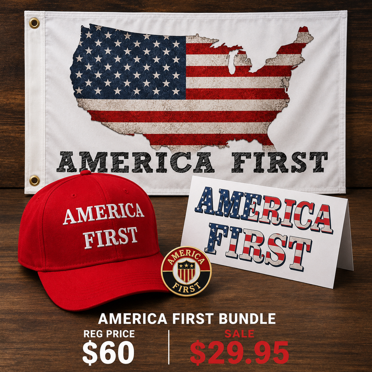 America First Patriotic Bundle – Flag, Hat, Lapel Pin & Bumper Sticker 4-Piece Set