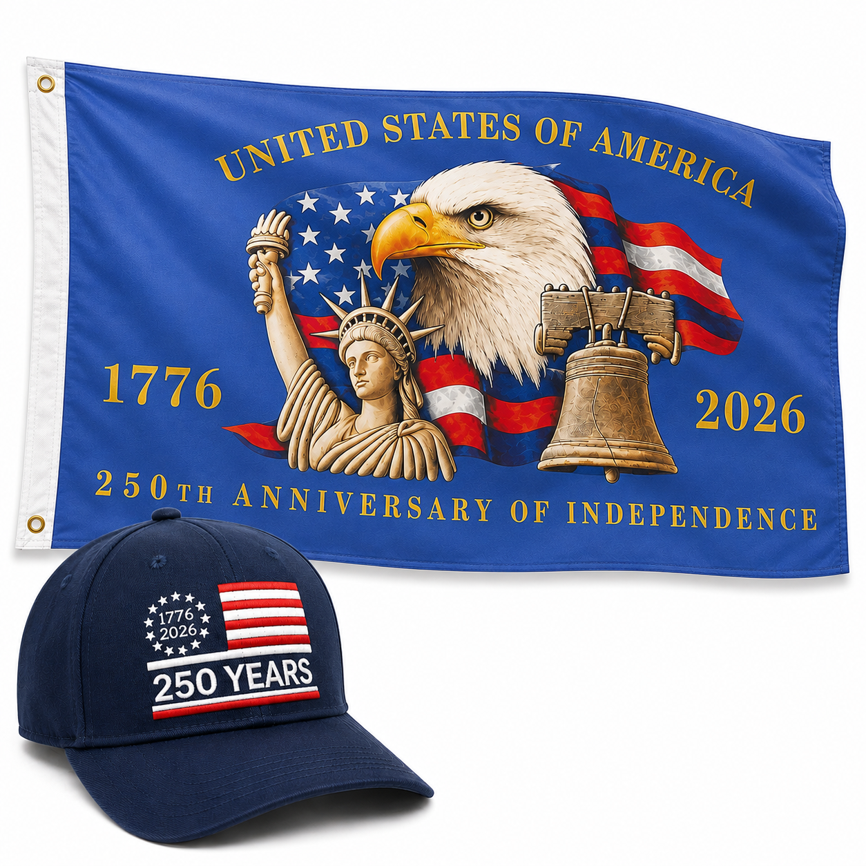 Freedom 250 Flag & Hat Bundle | America 250th Anniversary Flag + Embroidered Navy Hat