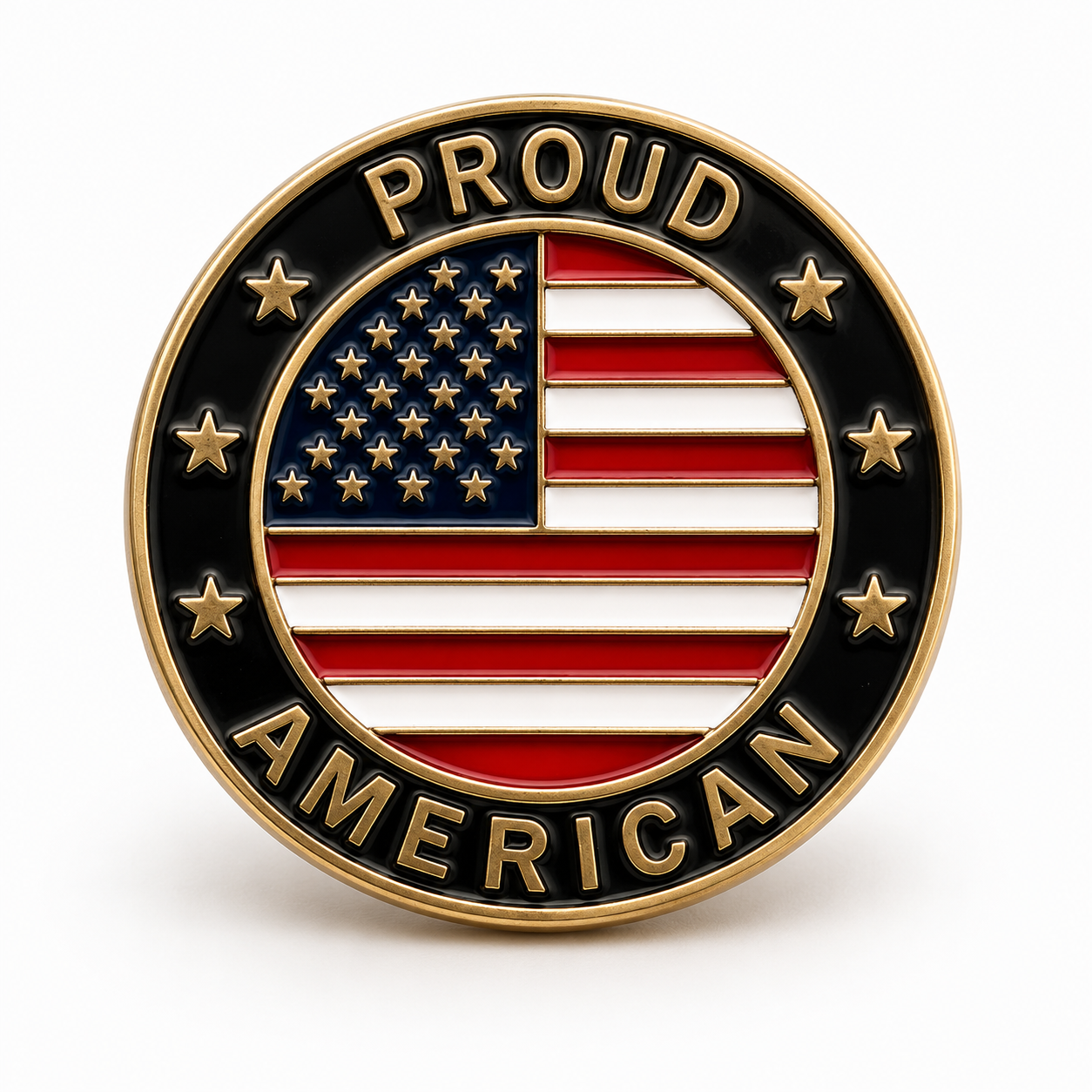 Proud American Patriotic Gold Plated Lapel Pin - black enamel with American flag center, gold stars, and Proud American inscription
