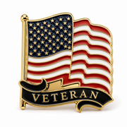 Veteran American Flag Gold Plated Lapel Pin - waving American flag on gold pole with black Veteran banner scroll at base