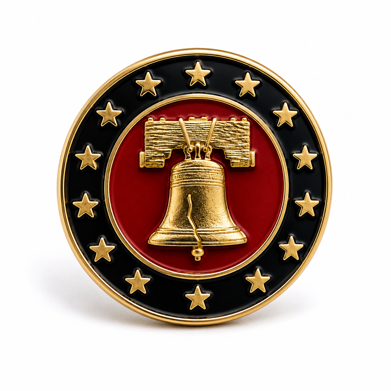 Liberty Bell Gold Plated Lapel Pin - gold Liberty Bell on red enamel center with black enamel ring and gold stars