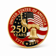 United States of America 250 Years Gold Plated Lapel Pin - round gold pin with Statue of Liberty, Liberty Bell, waving American flag, 250 Years inscription and 1776-2026 dates on red and black enamel