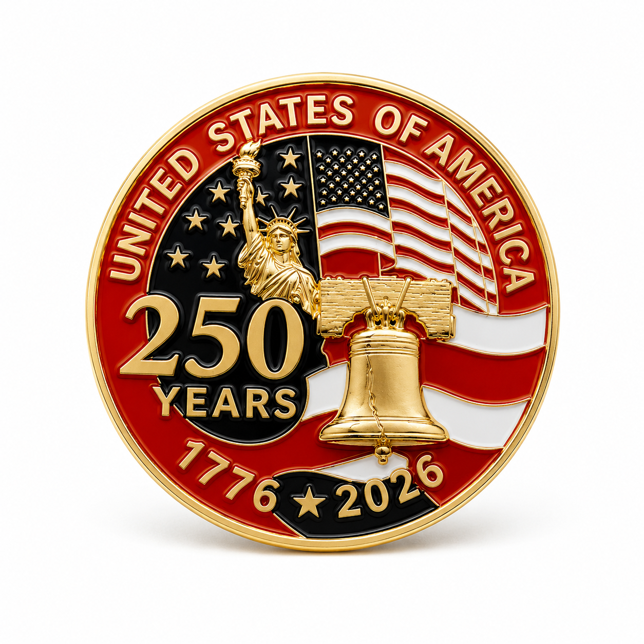 United States of America 250 Years Gold Plated Lapel Pin - round gold pin with Statue of Liberty, Liberty Bell, waving American flag, 250 Years inscription and 1776-2026 dates on red and black enamel